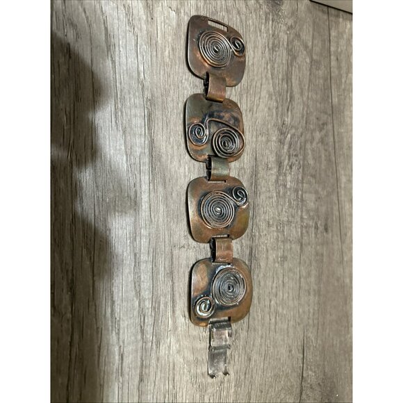 Vintage Solid Copper Modernist Retro Panel SWIRLS Link Bracelet - Picture 3 of 5